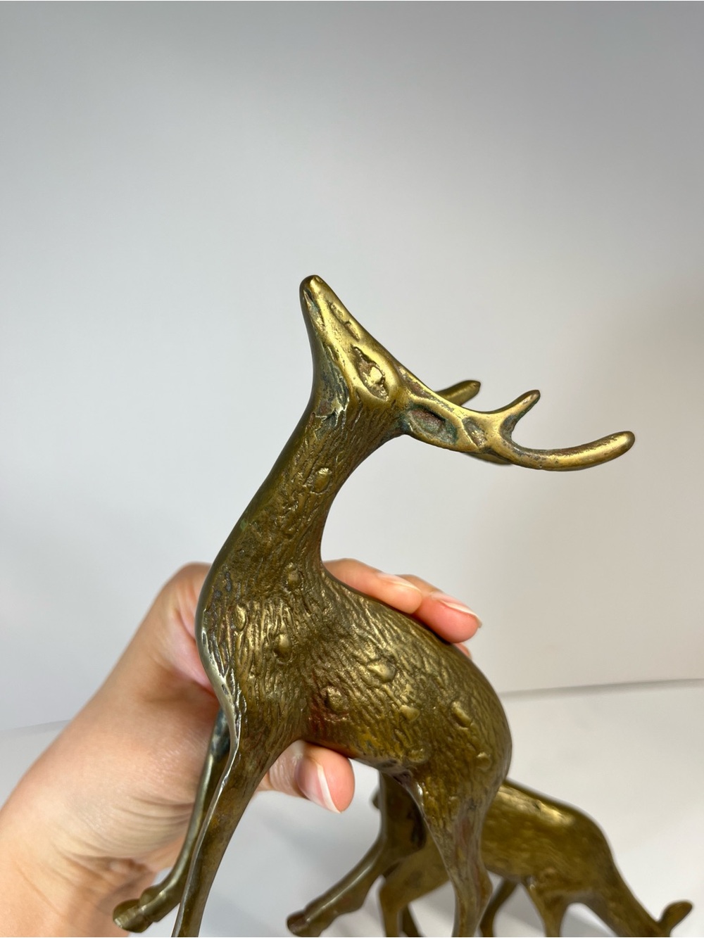 Vintage Brass Deer 7" Buck 5" Doe Set Pair MCM Figurine Figures Decor Etched - Picture 9 of 14